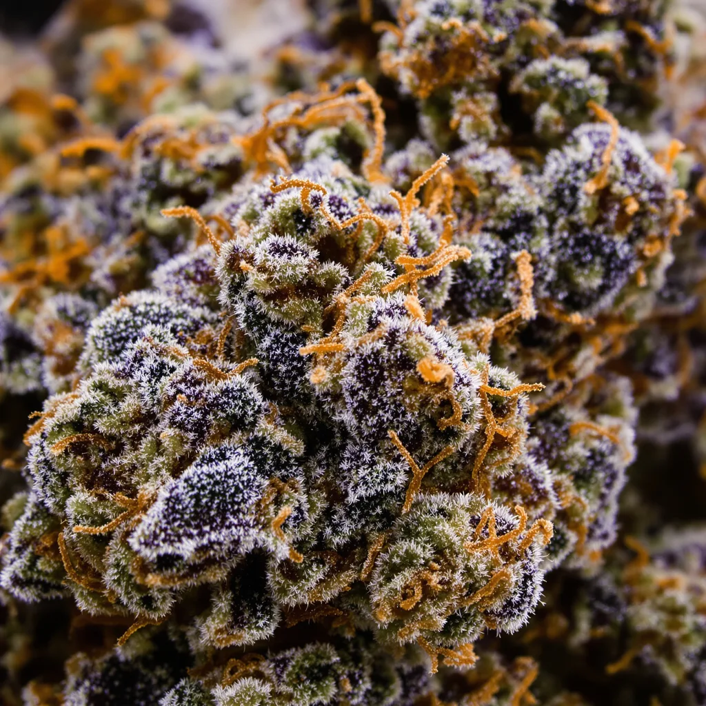 Primer plano de cogollo de cannabis Mango mostrando cálices densos con tonos morados