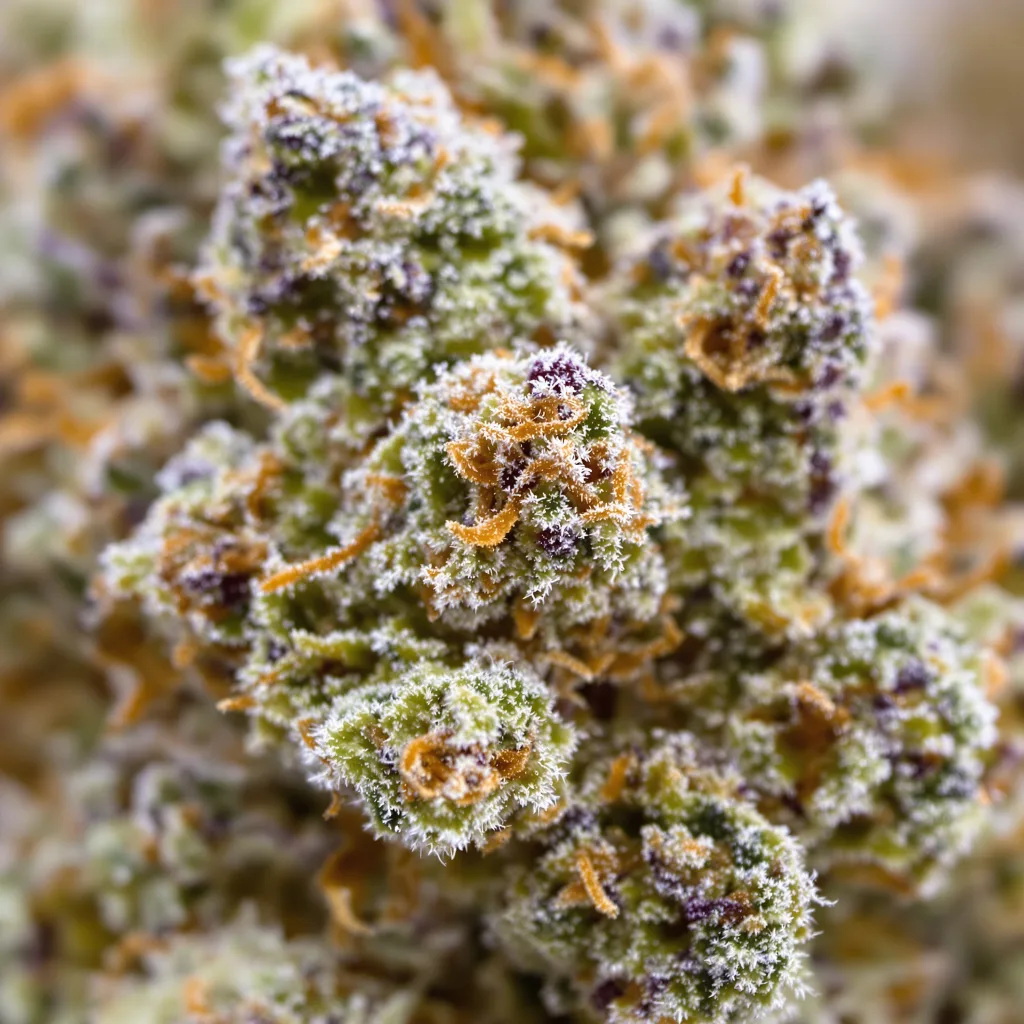 Primer plano de cogollo de cannabis Mango Haze mostrando estructura abierta con pistilos naranjas