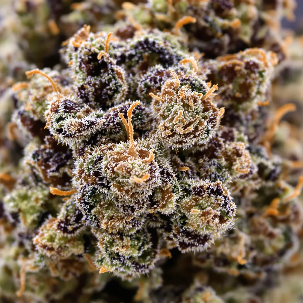 Primer plano de cogollo de cannabis Mango Kush mostrando cálices densos con tonos morados