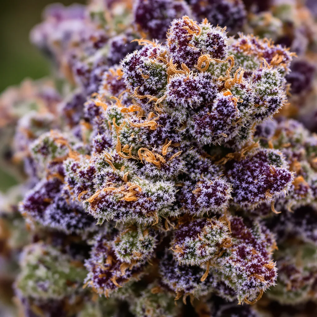 Primer plano de cogollo de cannabis Mango Kush mostrando cálices densos con tonos morados