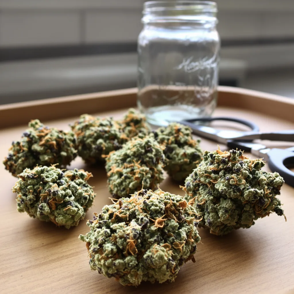 Manitoba Poison 57% indica / 43% sativa — flor con tricomas visibles