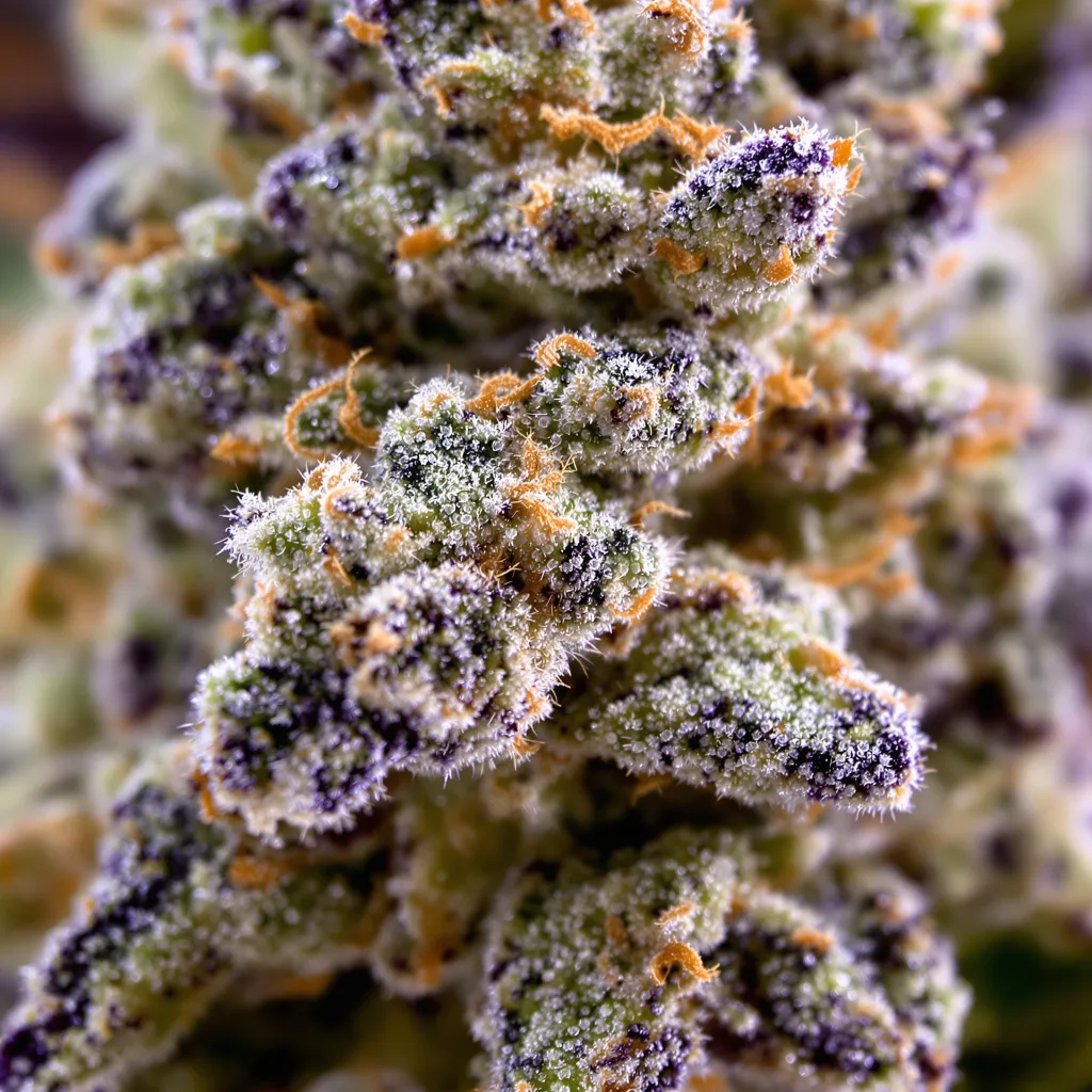 Primer plano de cogollo de cannabis Manitoba Poison mostrando estructura equilibrada con tricomas escarchados