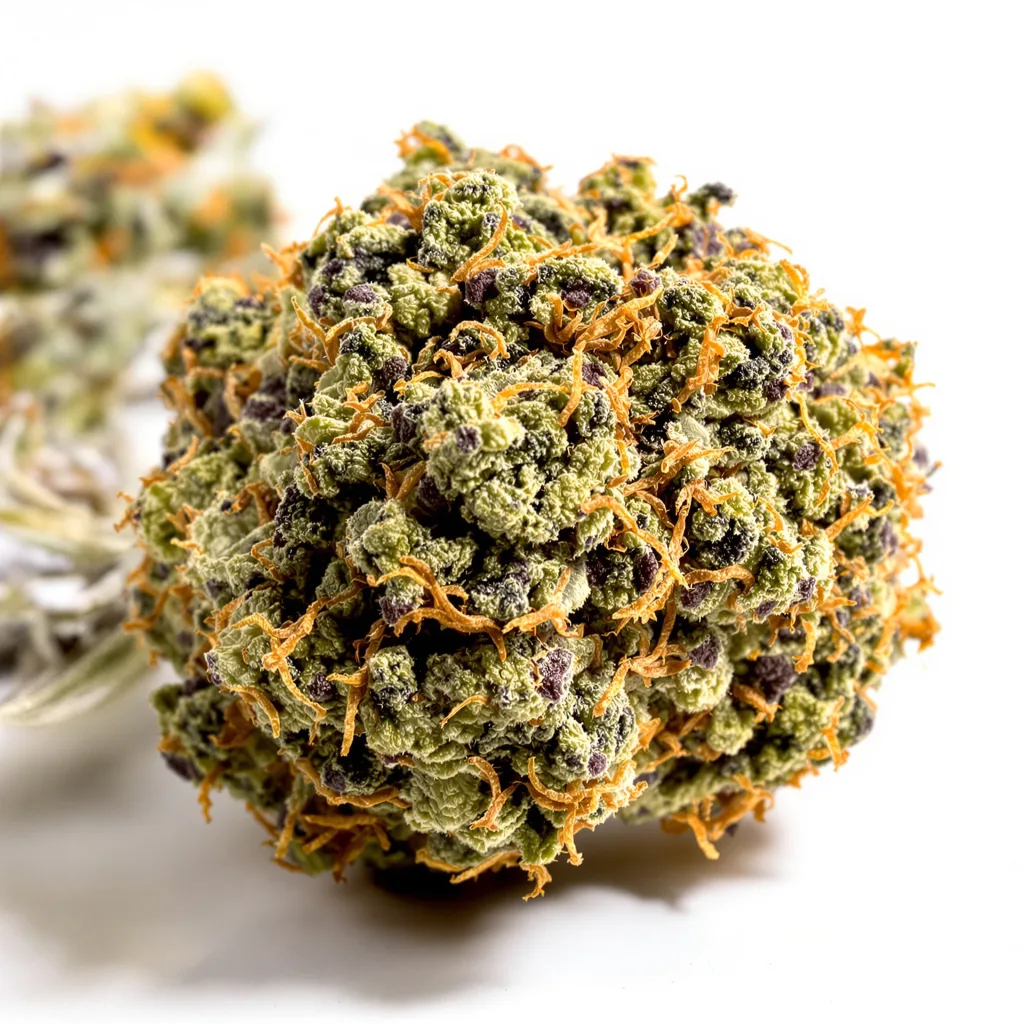 Marionberry Kush 80% indica / 20% sativa — flor con tricomas visibles