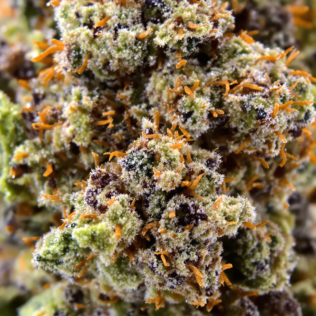Primer plano de cogollo de cannabis Mars OG mostrando cálices densos con tonos morados