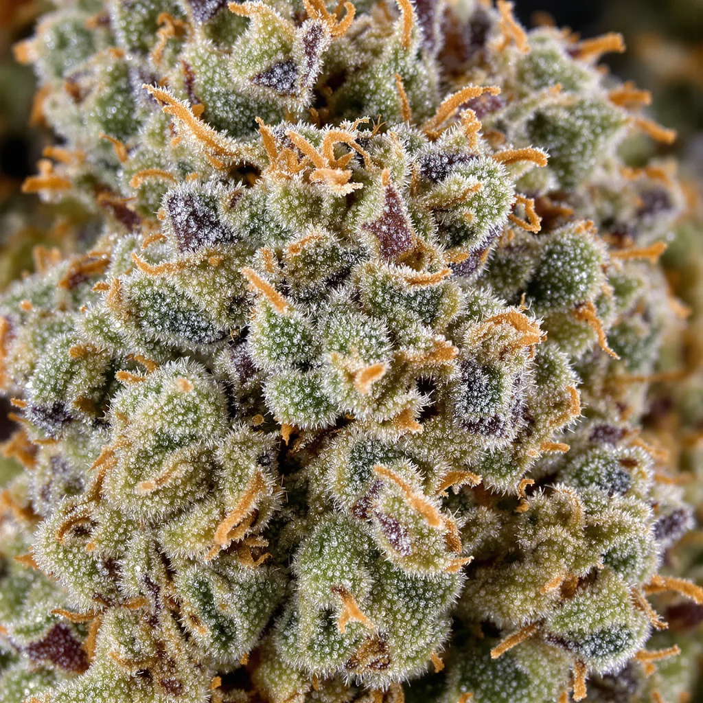Primer plano de cogollo de cannabis Master Jedi mostrando estructura equilibrada con tricomas escarchados
