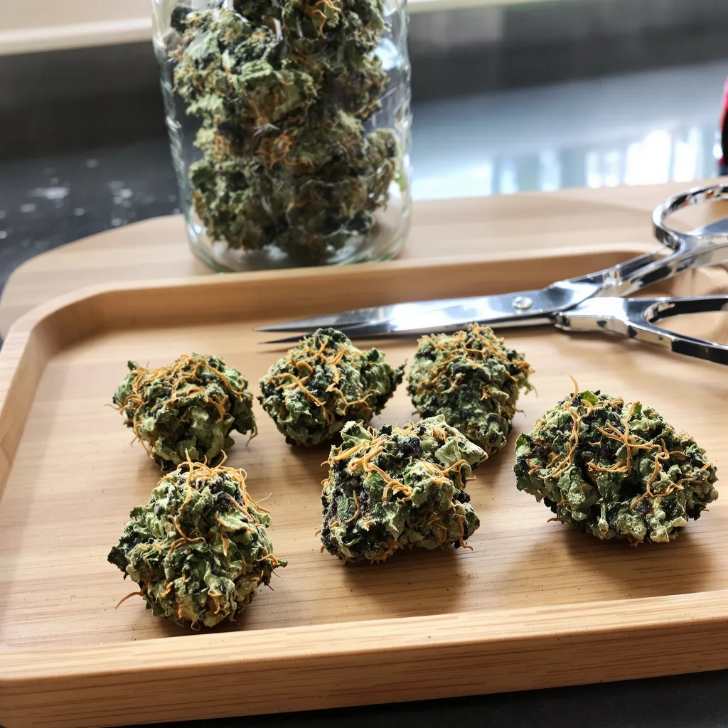 Master Kush 89% indica / 11% sativa — flor con tricomas visibles