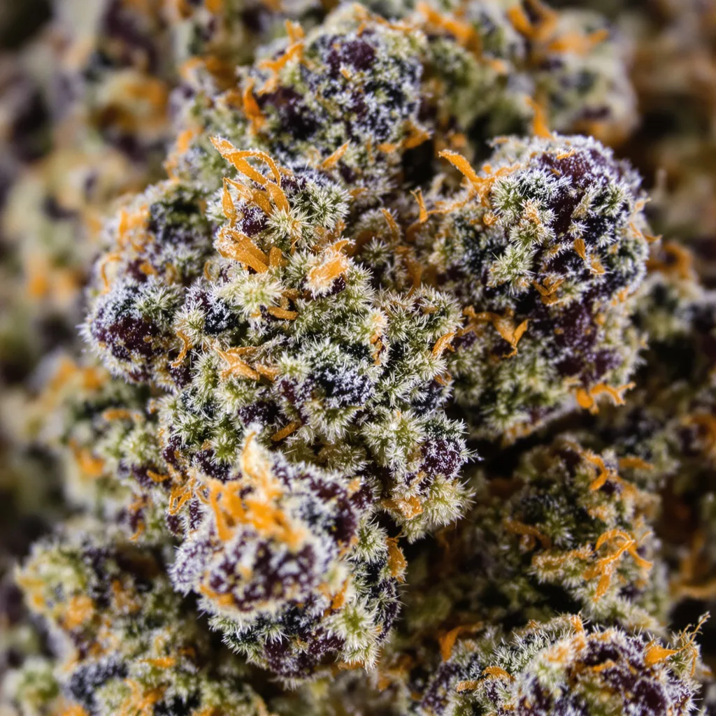 Primer plano de cogollo de cannabis Master Kush mostrando cálices densos con tonos morados