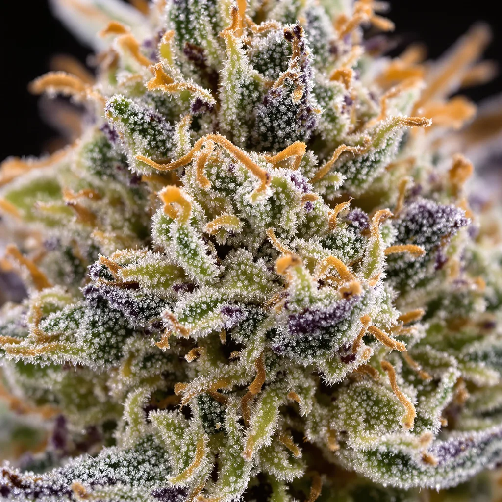 Primer plano de cogollo de cannabis Master Yoda mostrando estructura equilibrada con tricomas escarchados