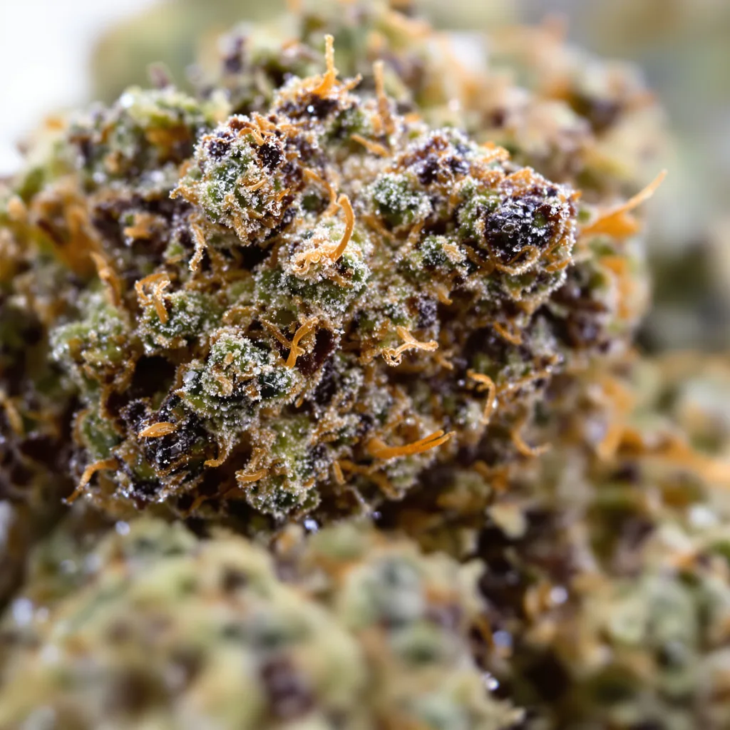Primer plano de cogollo de cannabis Matanuska Thunder Fuck mostrando cálices densos con tonos morados