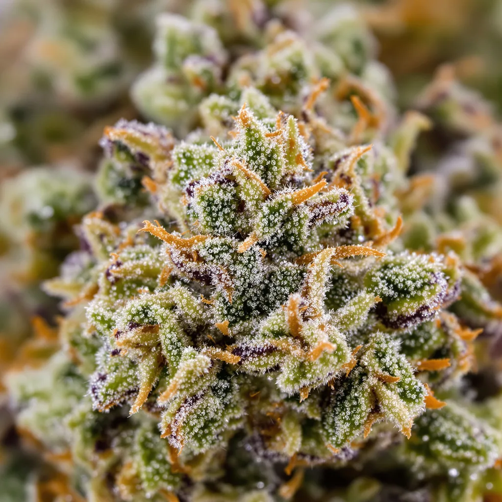 Primer plano de cogollo de cannabis Matanuska Tundra mostrando estructura equilibrada con tricomas escarchados