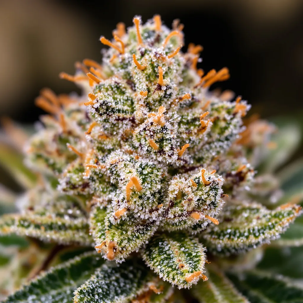 Primer plano de cogollo de cannabis Maui Haole mostrando estructura equilibrada con tricomas escarchados