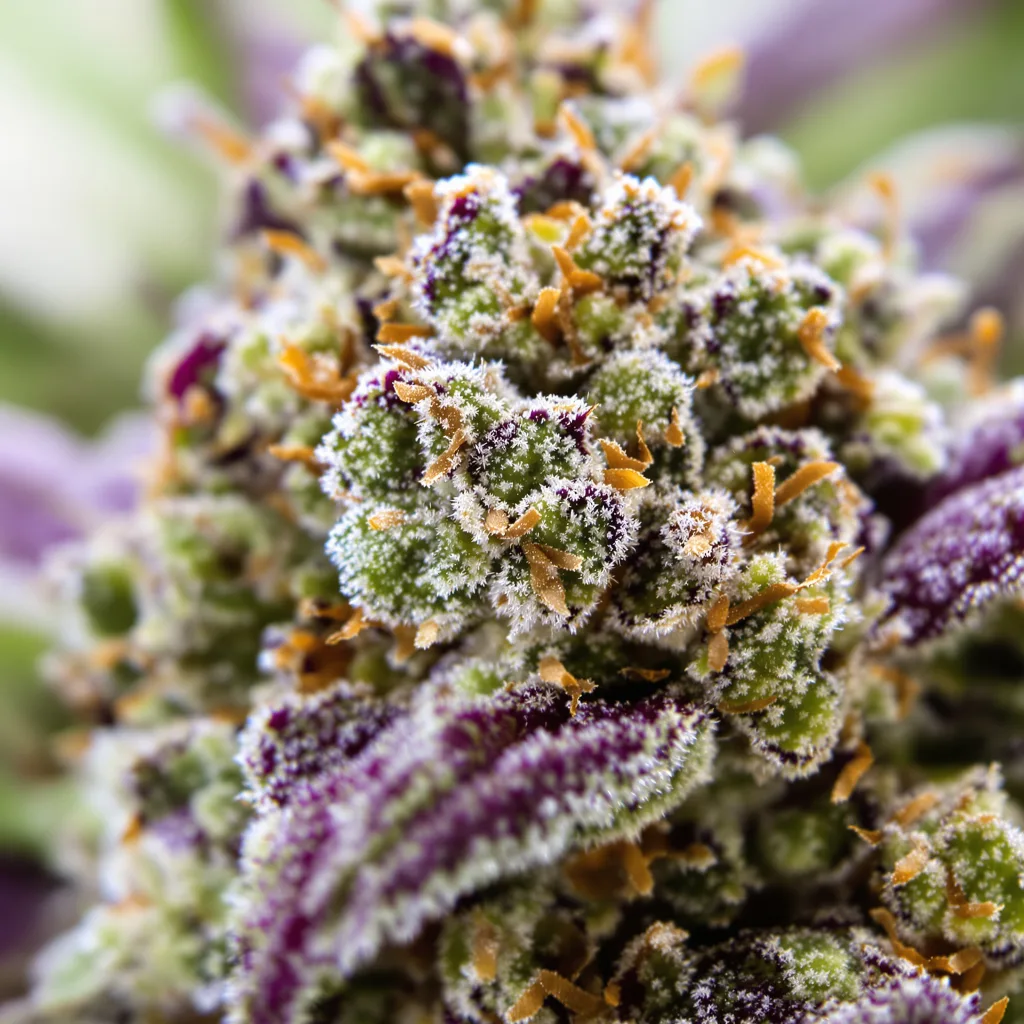 Primer plano de cogollo de cannabis Maui Haole mostrando estructura equilibrada con tricomas escarchados
