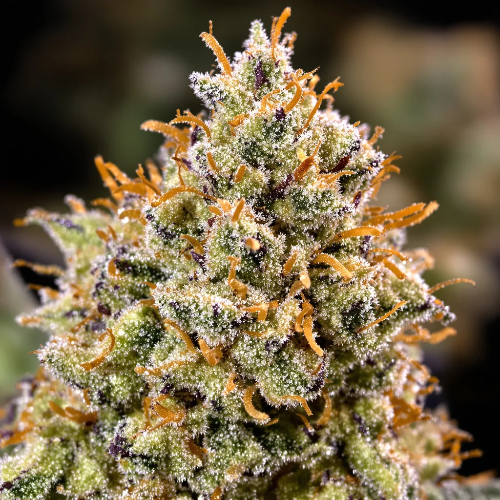 Primer plano de cogollo de cannabis Maui Pineapple Chunk mostrando estructura equilibrada con tricomas escarchados