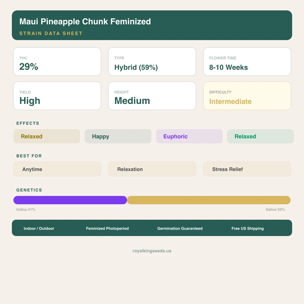 Maui Pineapple Chunk 41% indica / 59% sativa — flor con tricomas visibles