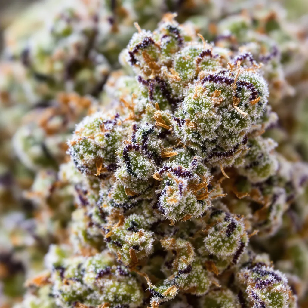 Primer plano de cogollo de cannabis Maui Pineapple Chunk mostrando estructura equilibrada con tricomas escarchados