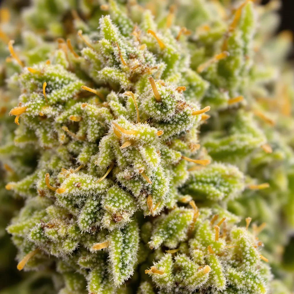 Primer plano de cogollo de cannabis Maui Wowie mostrando estructura aireada verde lima