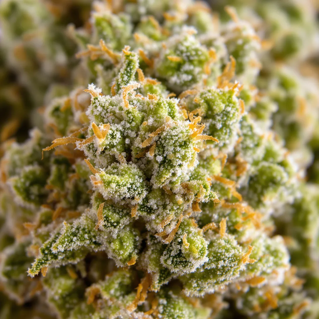 Primer plano de cogollo de cannabis Maui Wowie mostrando estructura aireada verde lima