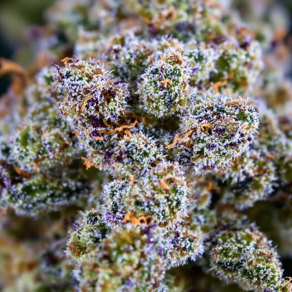Primer plano de cogollo de cannabis Maxi Gom mostrando estructura equilibrada con tricomas escarchados