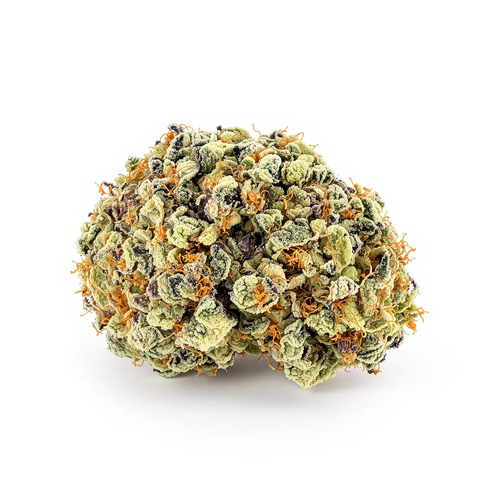 Maxi Gom 54% indica / 46% sativa — flor con tricomas visibles