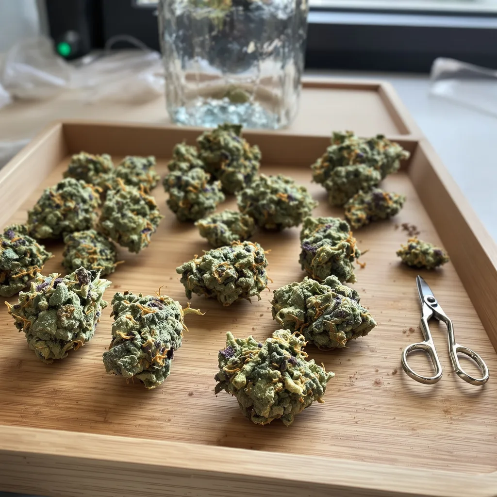 Mazar x Blueberry 39% indica / 61% sativa — flor con tricomas visibles