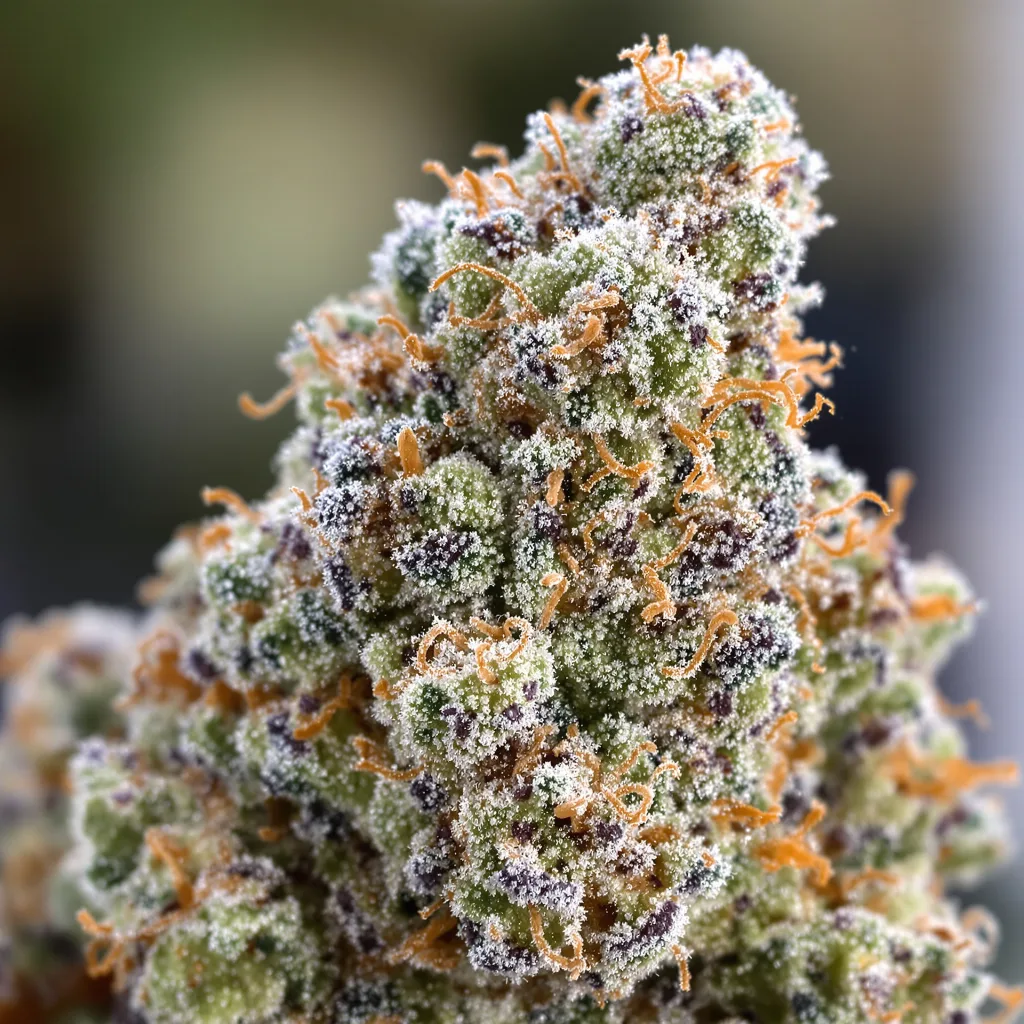 Primer plano de cogollo de cannabis Mazar x Blueberry mostrando estructura abierta con pistilos naranjas