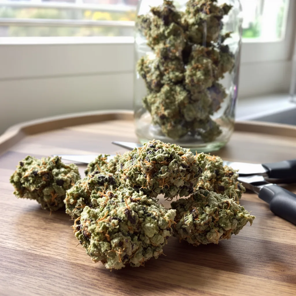 Mazar x Blueberry 39% indica / 61% sativa — flor con tricomas visibles
