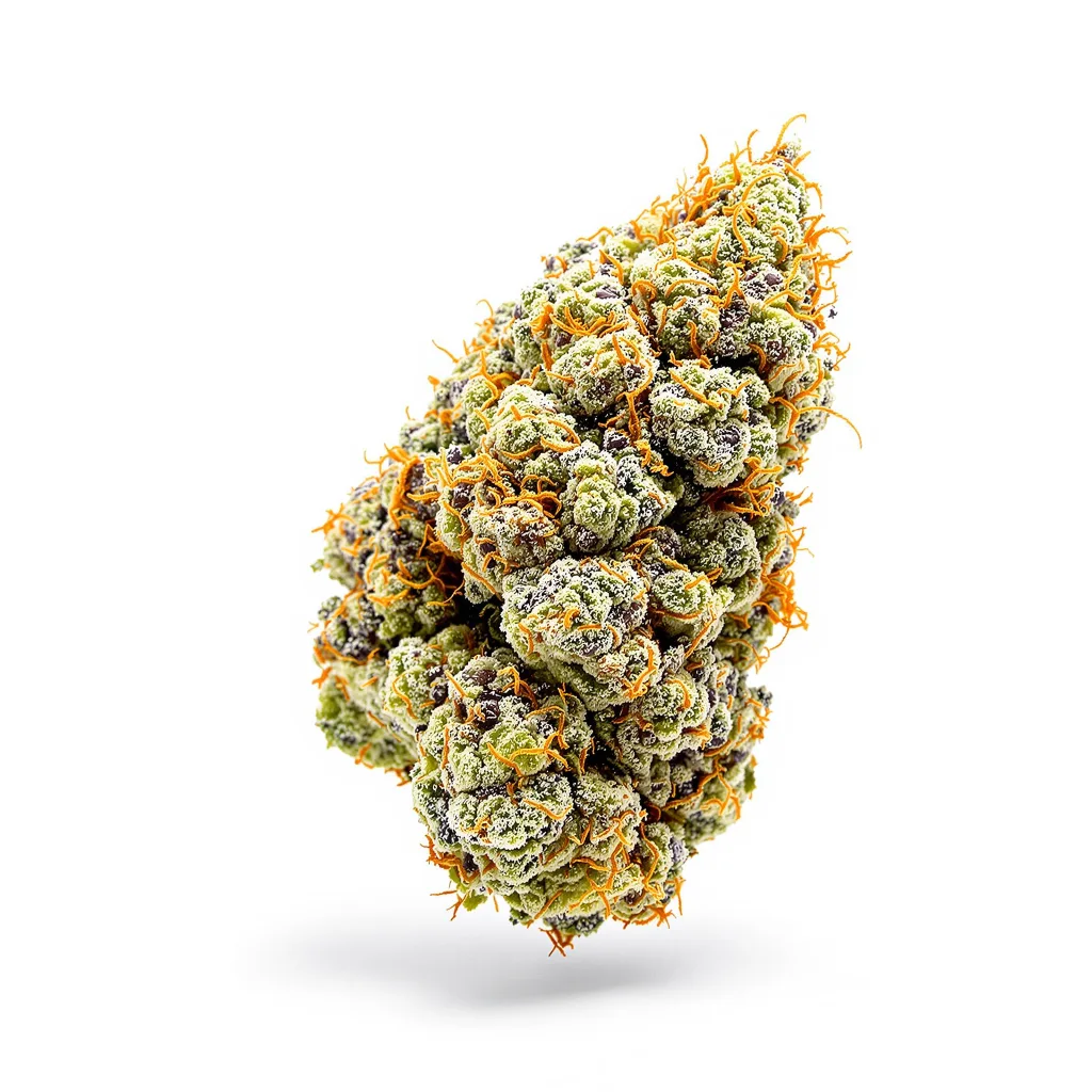 Mazar x Blueberry 39% indica / 61% sativa — flor con tricomas visibles