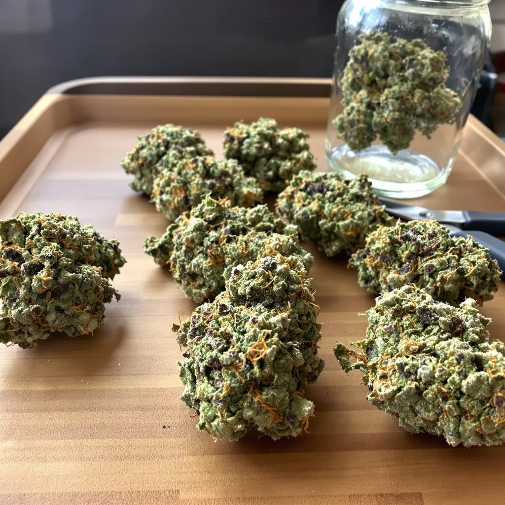 Mean Misty 35% indica / 65% sativa — flor con tricomas visibles