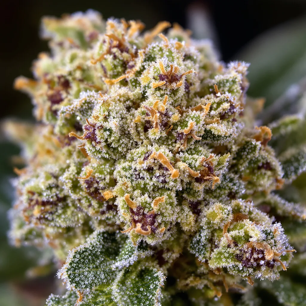 Primer plano de cogollo de cannabis Mean Misty mostrando estructura abierta con pistilos naranjas