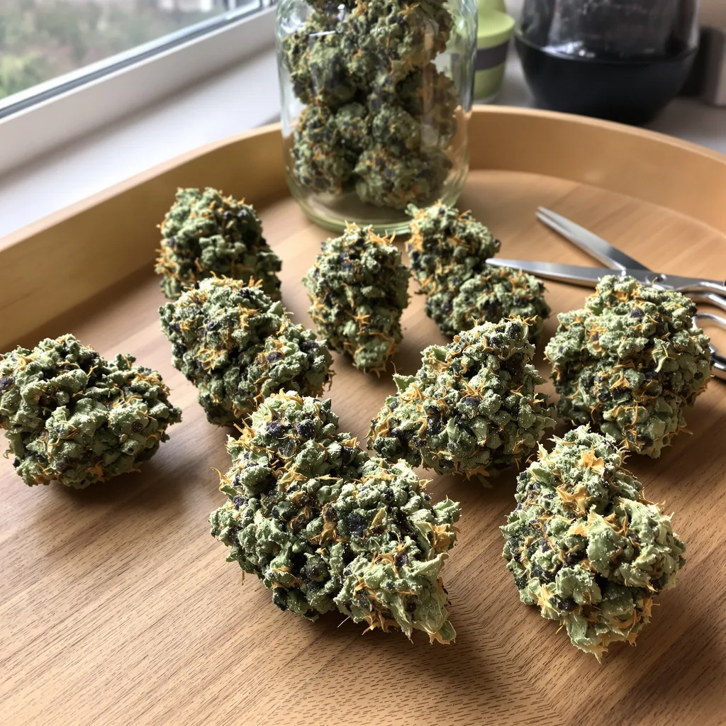 Mean Misty 35% indica / 65% sativa — flor con tricomas visibles