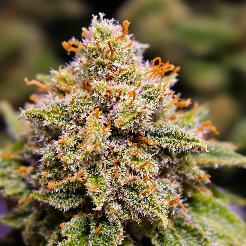 Primer plano de cogollo de cannabis Mean Misty mostrando estructura abierta con pistilos naranjas