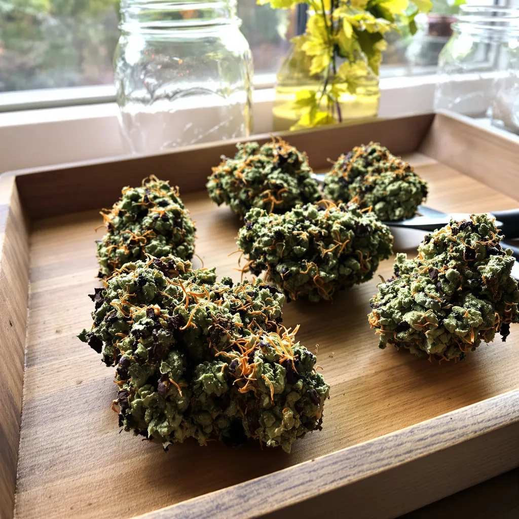Meat Breath 83% indica / 17% sativa — flor con tricomas visibles
