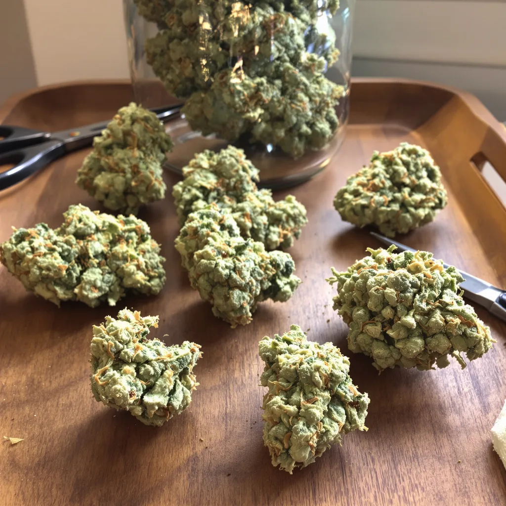 MedGom CBD 53% indica / 47% sativa — flor con tricomas visibles