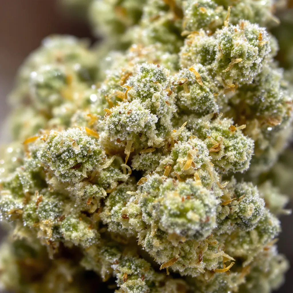Primer plano de cogollo de cannabis MedGom CBD mostrando flor clara con baja resina