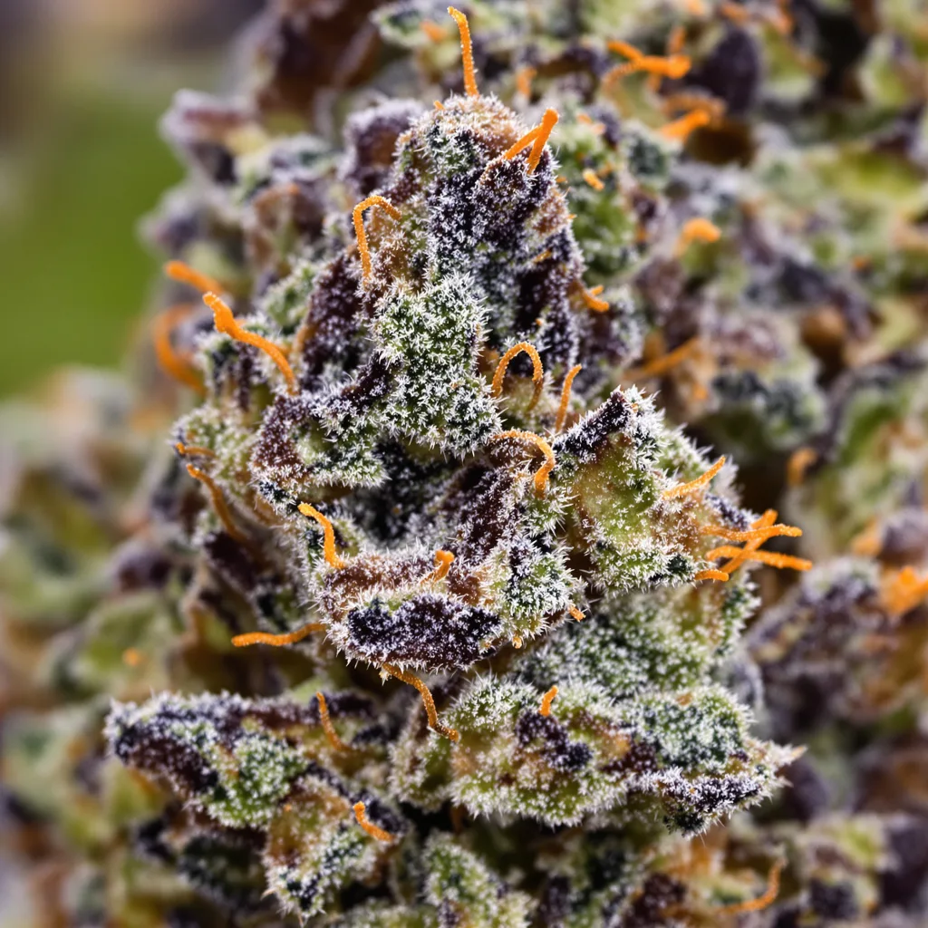 Primer plano de cogollo de cannabis Medicine Man mostrando cálices densos con tonos morados