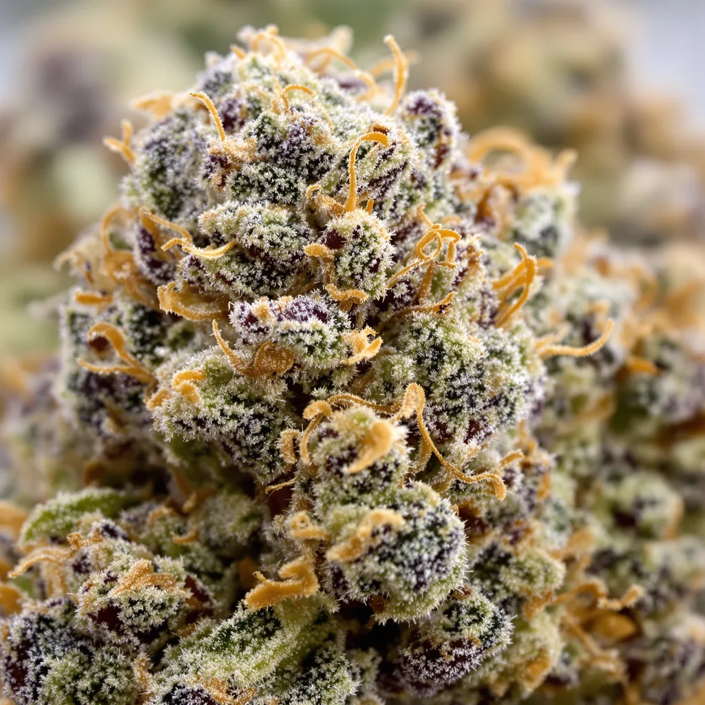 Primer plano de cogollo de cannabis Medicine Man mostrando cálices densos con tonos morados