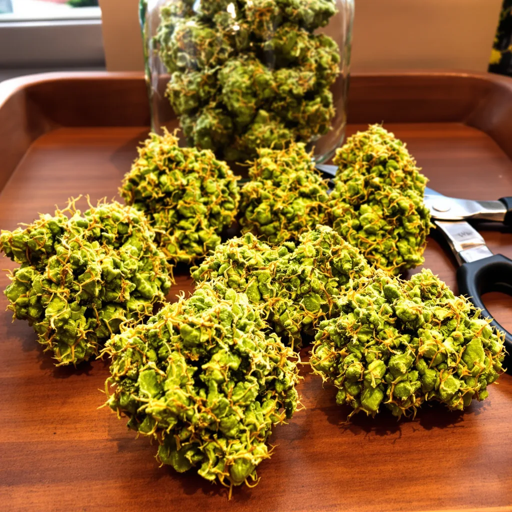 Melonade 17% indica / 83% sativa — flor con tricomas visibles