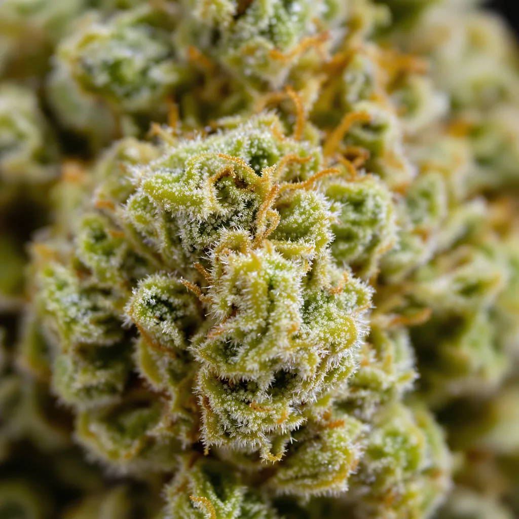 Primer plano de cogollo de cannabis Melonade mostrando estructura aireada verde lima