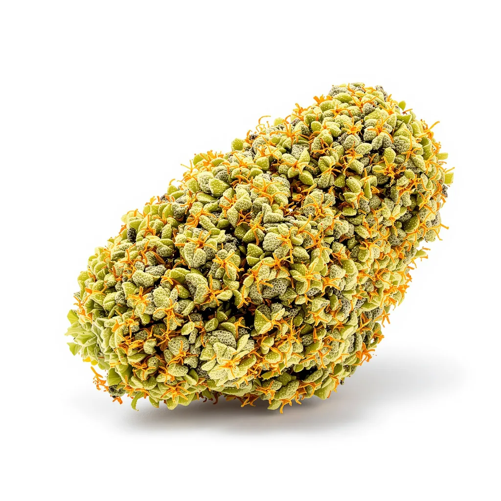 Melonade 17% indica / 83% sativa — flor con tricomas visibles