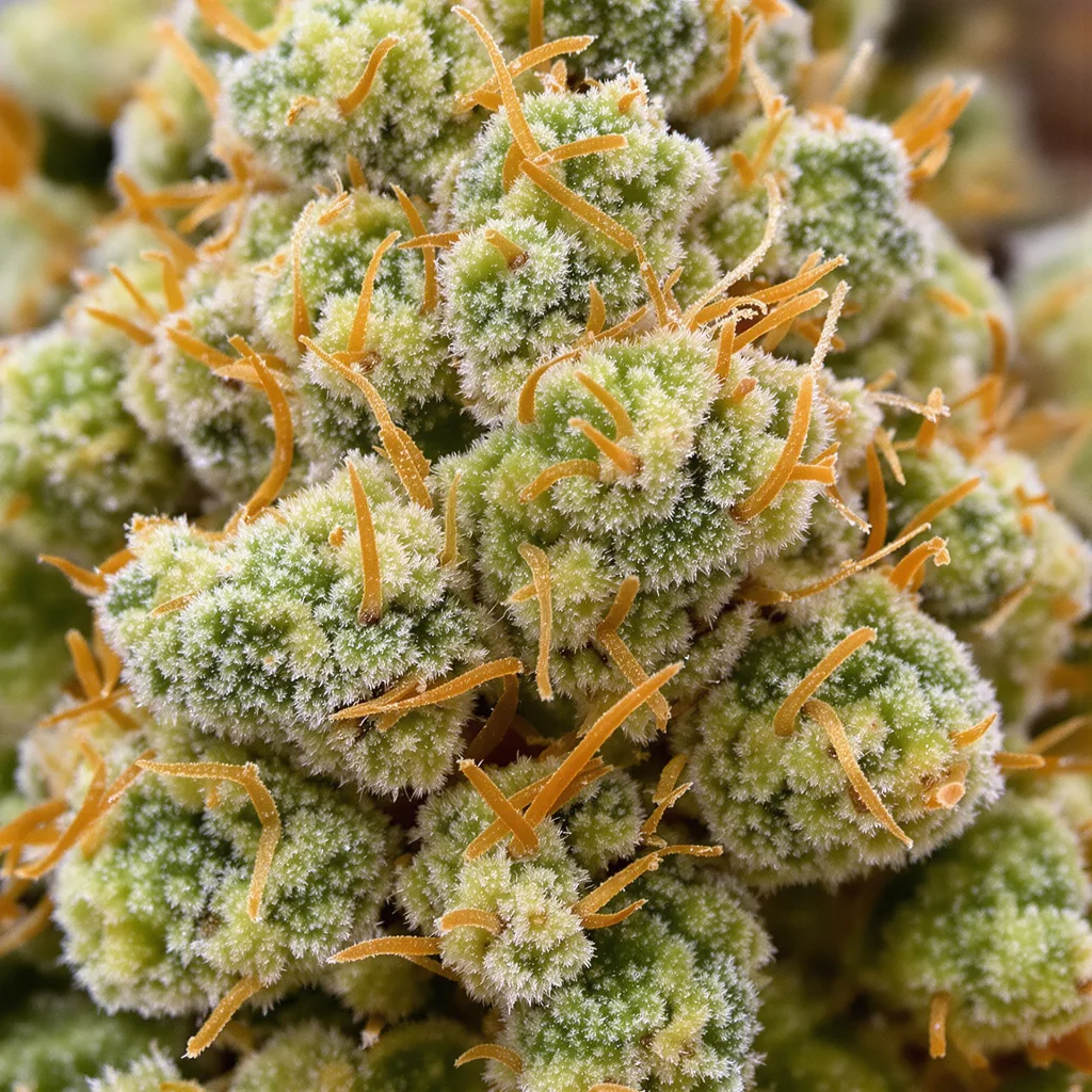 Primer plano de cogollo de cannabis Melting Pot mostrando estructura aireada verde lima