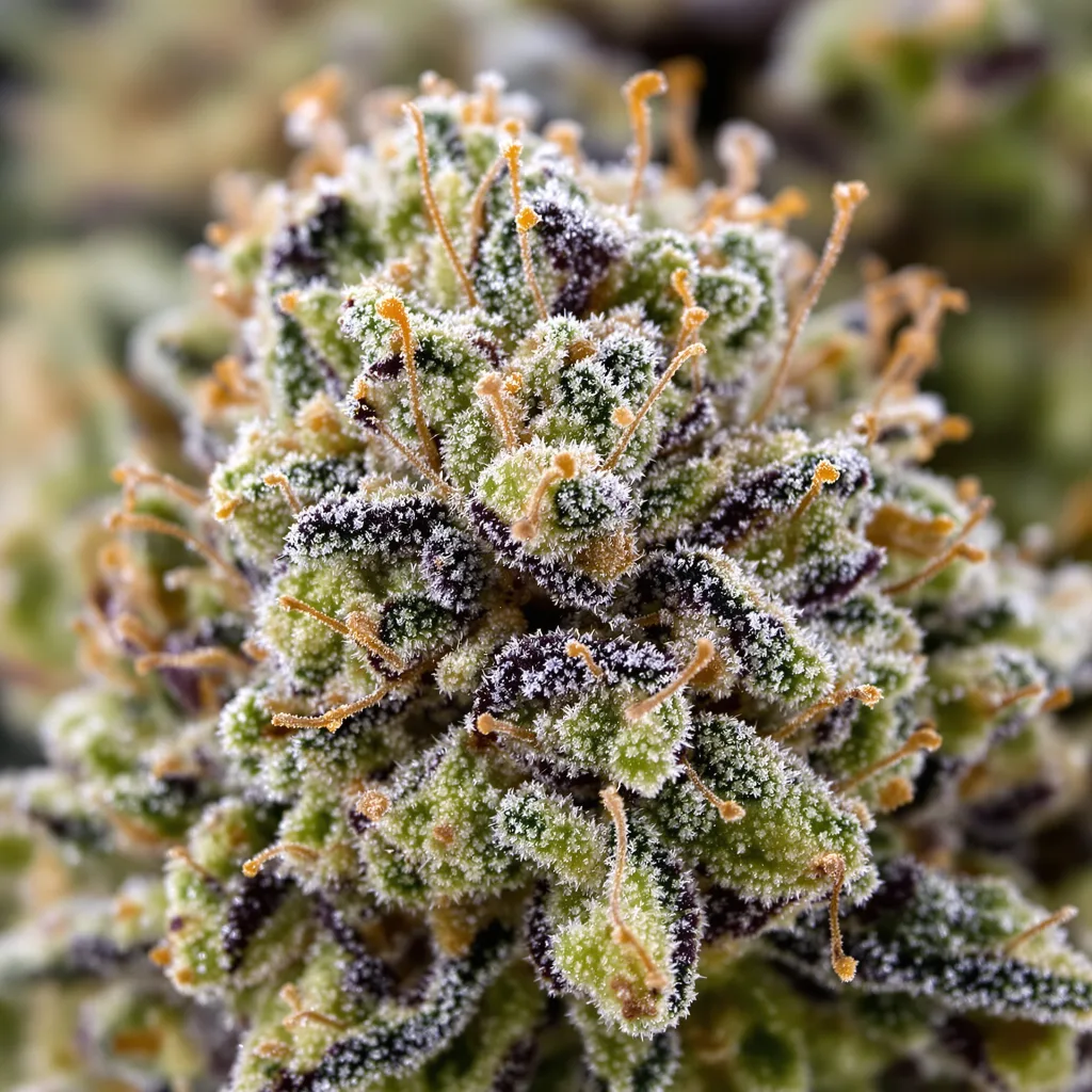 Primer plano de cogollo de cannabis Mendo Breath mostrando cogollos densos verde bosque