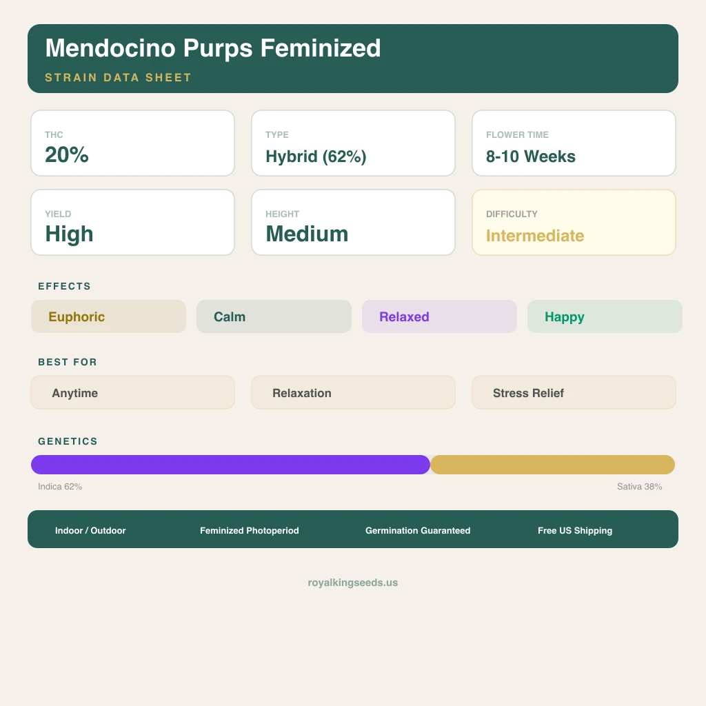 Mendocino Purps 62% indica / 38% sativa — flor con tricomas visibles
