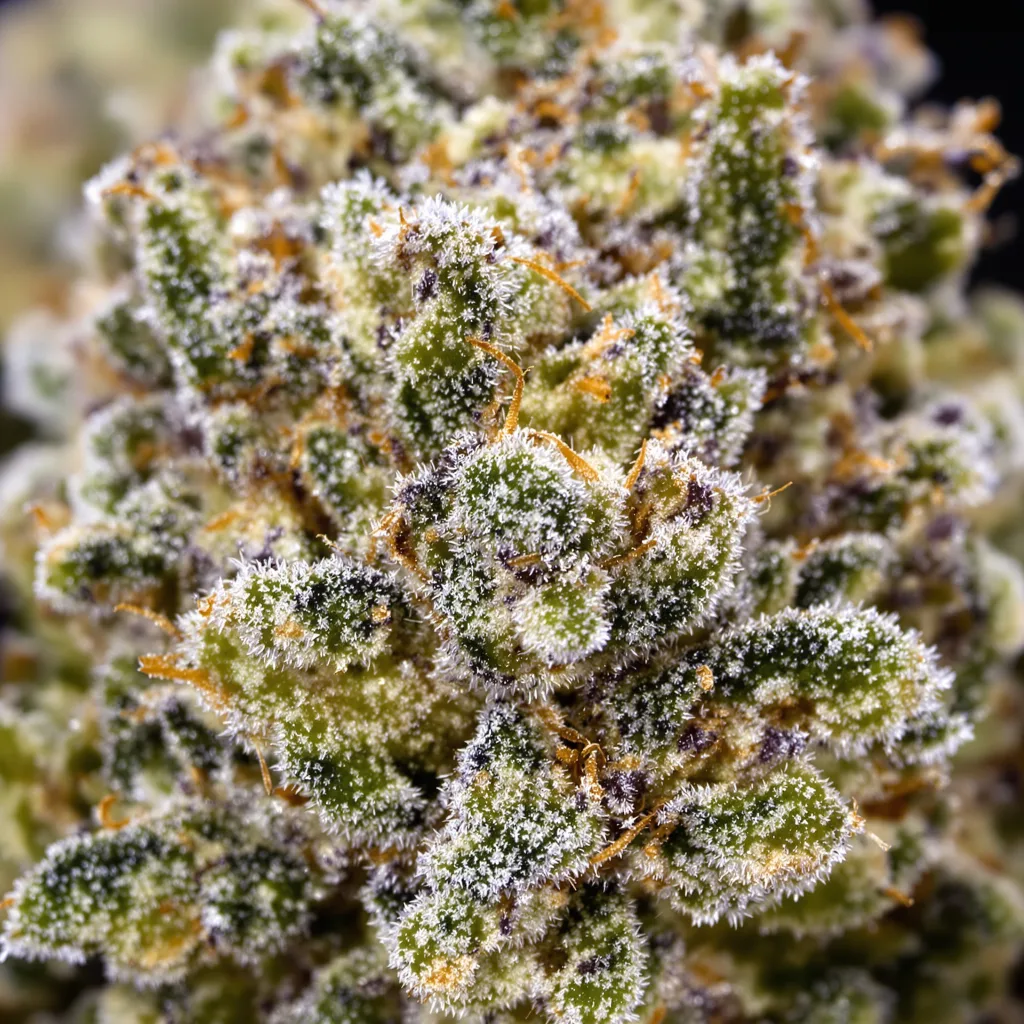 Primer plano de cogollo de cannabis Mendocino Purps mostrando cogollos densos verde bosque