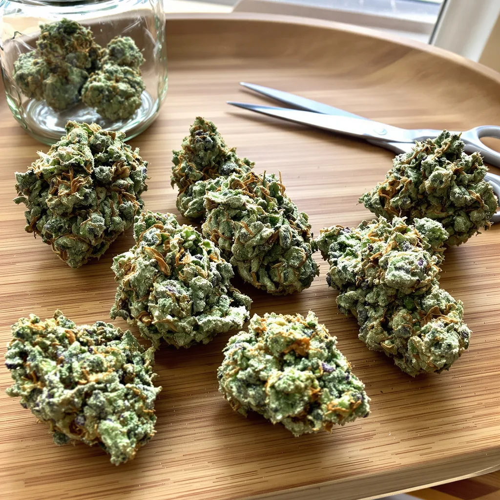 Merlot OG 35% indica / 65% sativa — flor con tricomas visibles