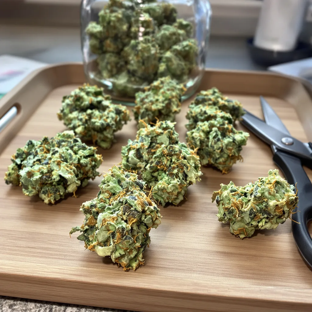 Mickey Kush 25% indica / 75% sativa — flor con tricomas visibles