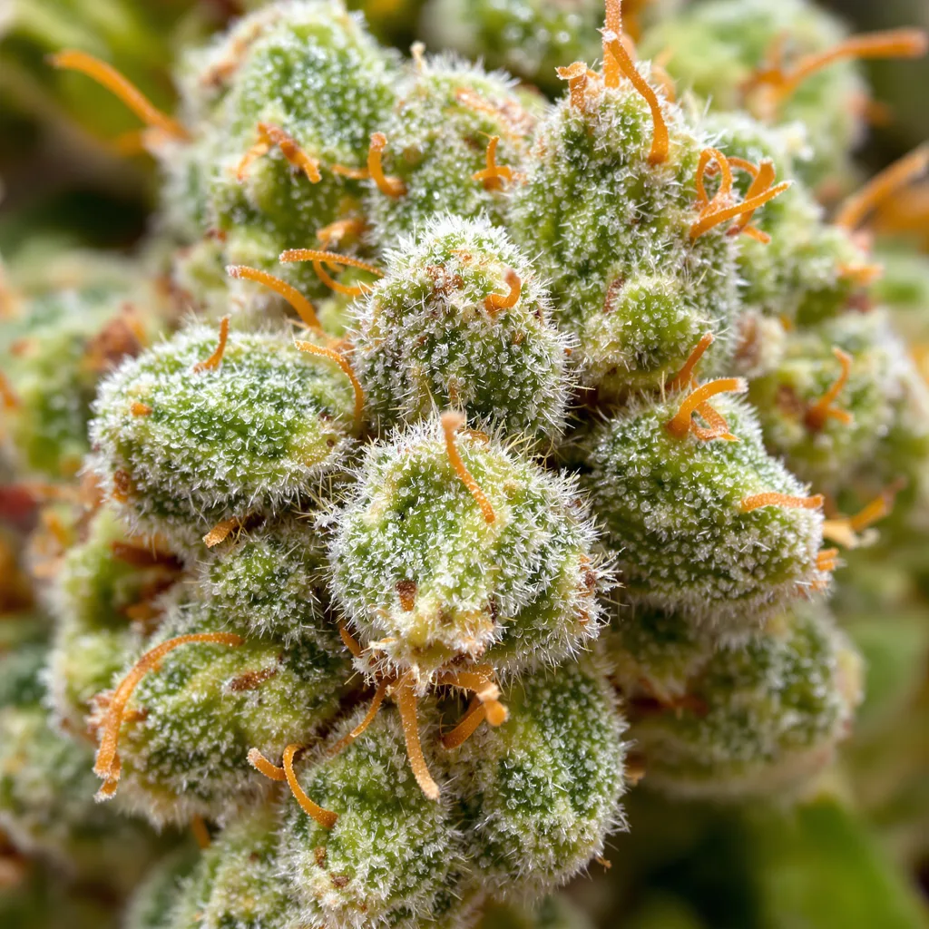 Primer plano de cogollo de cannabis Mickey Kush mostrando estructura aireada verde lima
