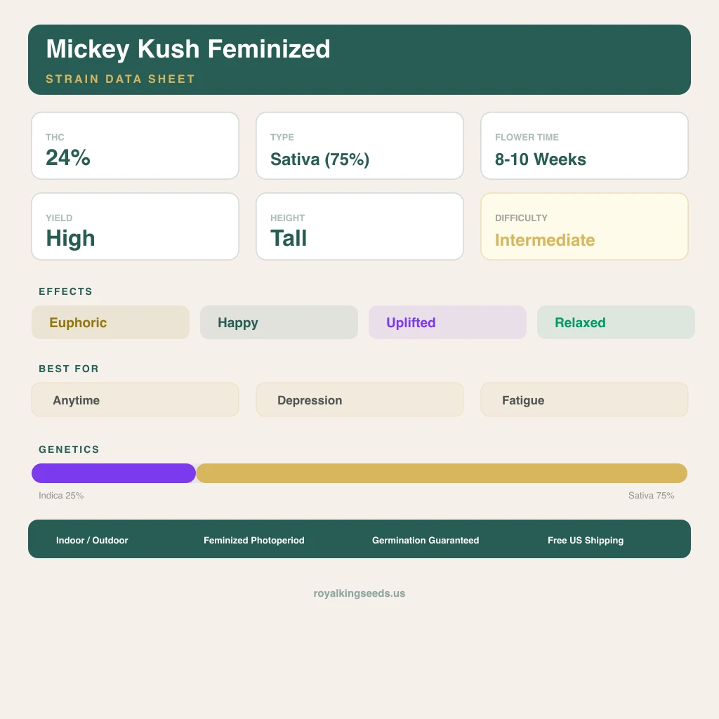 Mickey Kush 25% indica / 75% sativa — flor con tricomas visibles