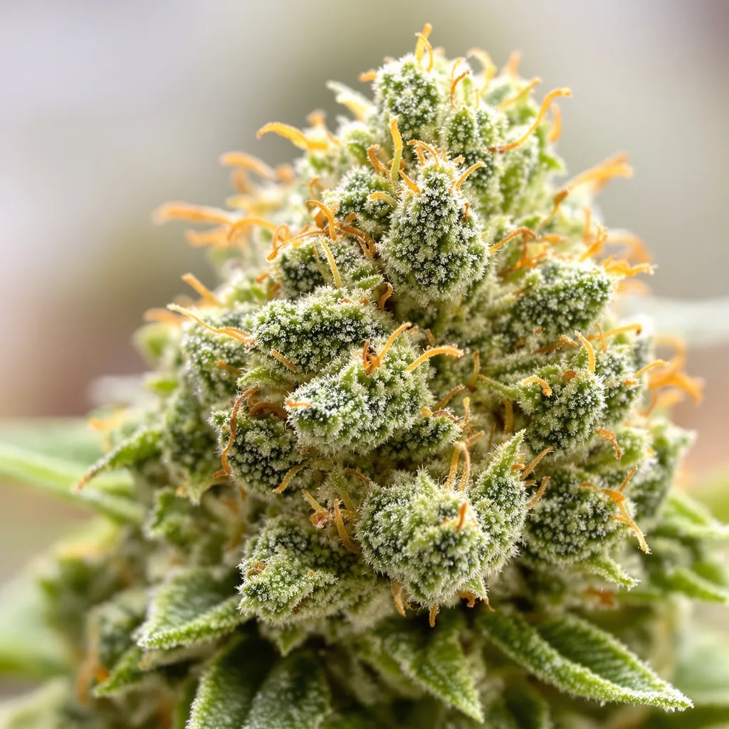 Primer plano de cogollo de cannabis Mickey Kush mostrando estructura aireada verde lima