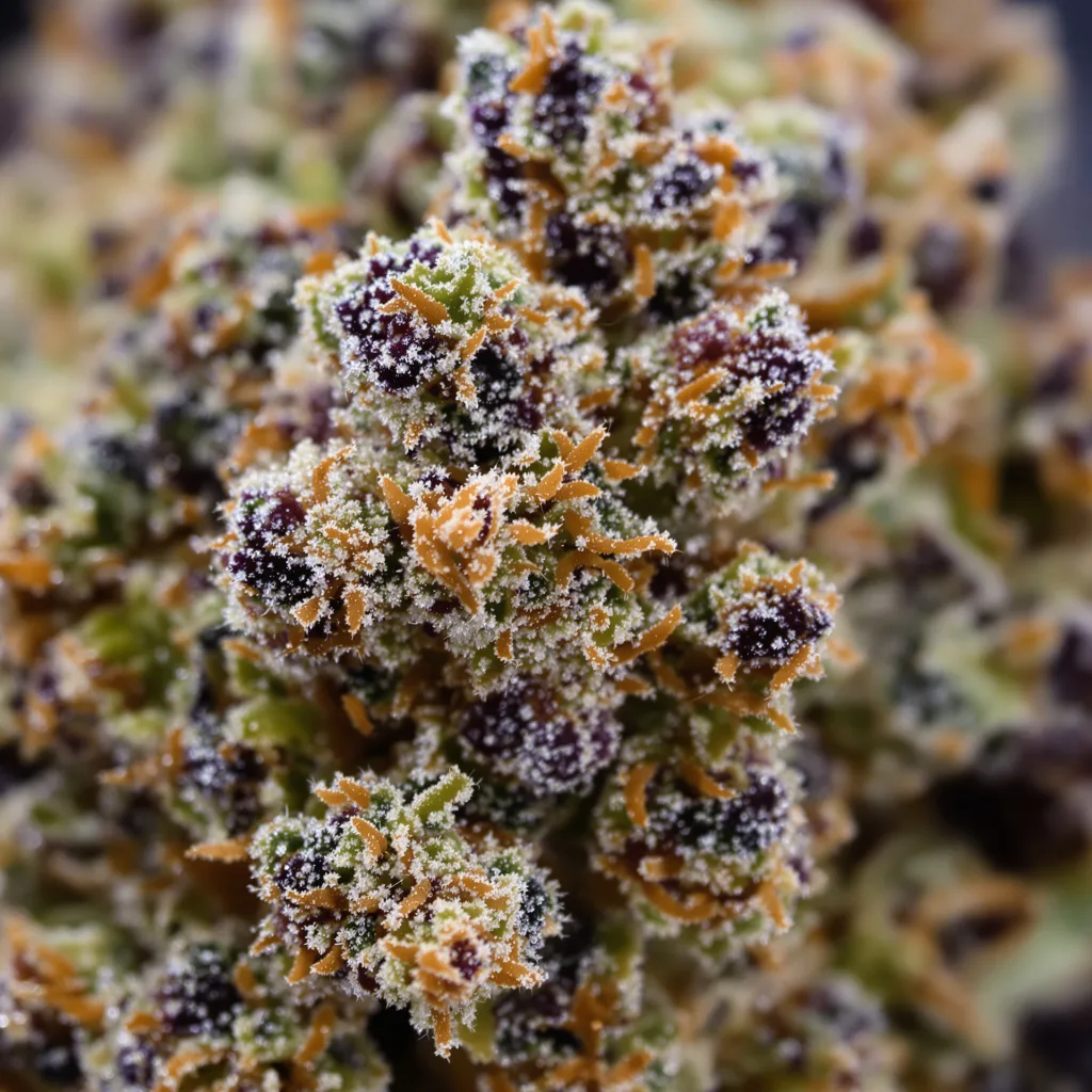 Primer plano de cogollo de cannabis Middlefork mostrando cálices densos con tonos morados