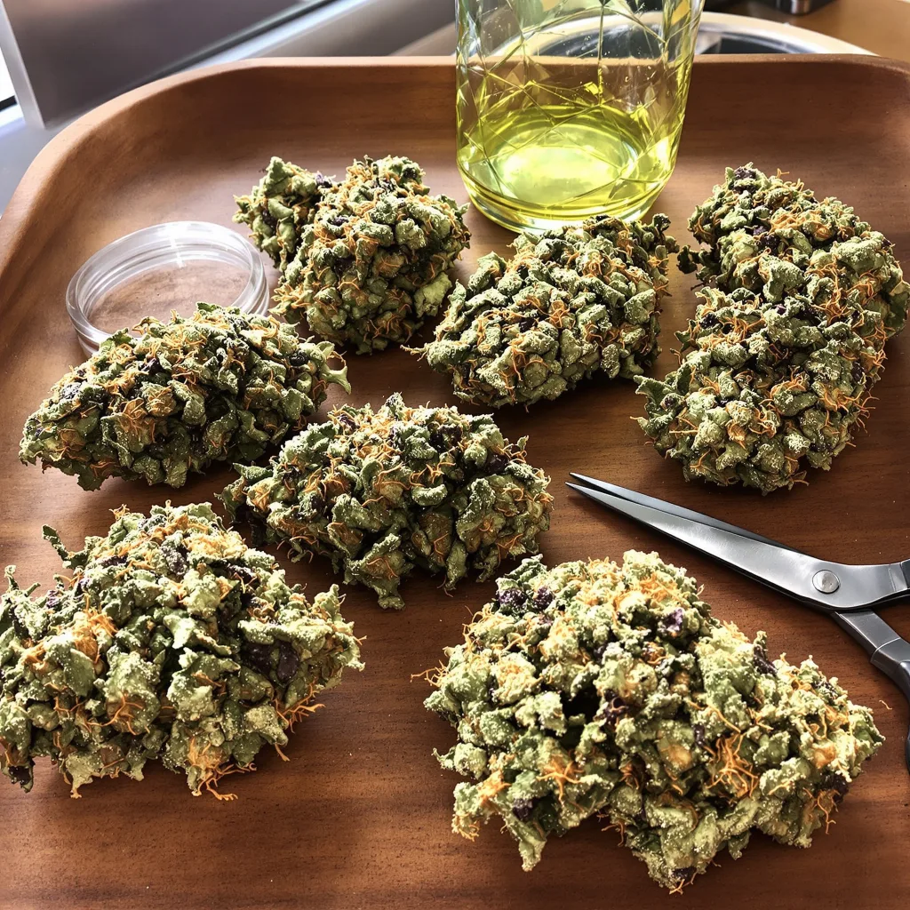 Midnight 40% indica / 50% sativa — flor con tricomas visibles